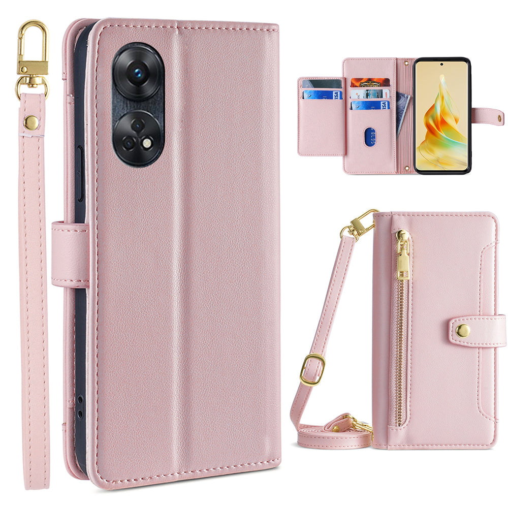 Zipper Pocket Phone Case for Oppo Reno8 T 4G Card Slots Leather Stand Phone Cover with Straps Zipper Pocket Phone Case for Oppo Reno8 T 4G Card Slots Leather Stand Phone Cover with Straps